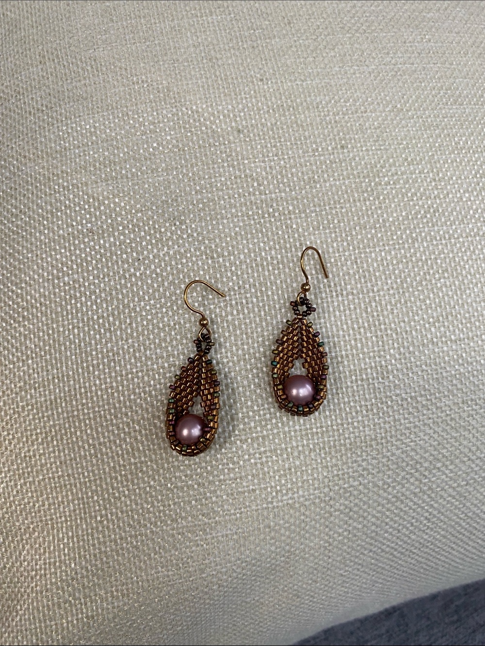 Handmade Bronze Bead Teardrop Earrings with Pink Pearl